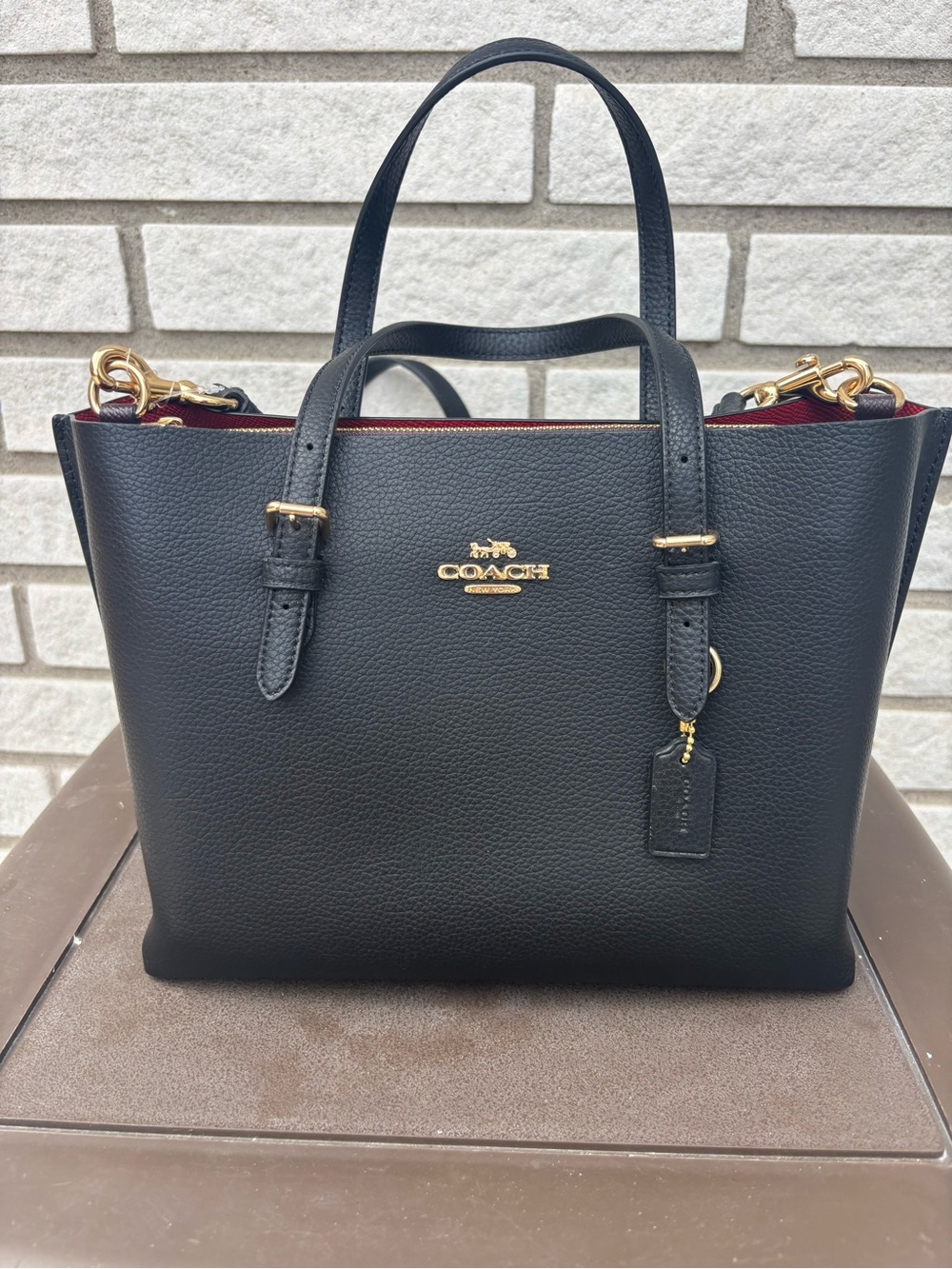 Coach Black Pebbled Leather Satchel with Burgundy Trim and Gold Hardware